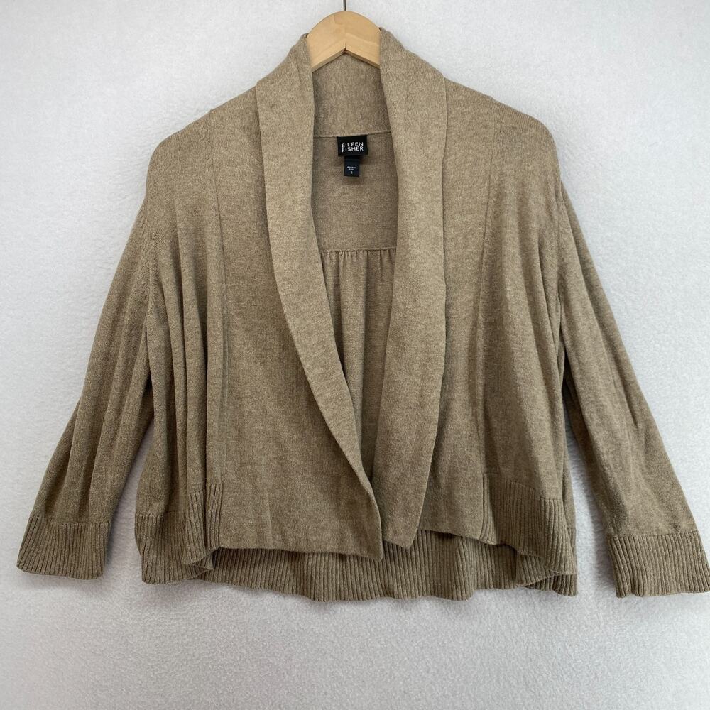 EILEEN FISHER Cardigan S Organic Cotton Knit Shawl Open Front 3/4 Sleeve Brown